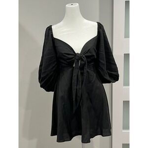 Charlie Holiday Black Puff Sleeve Tie Front Mini Dress XS Smocked Back‎ Cutout